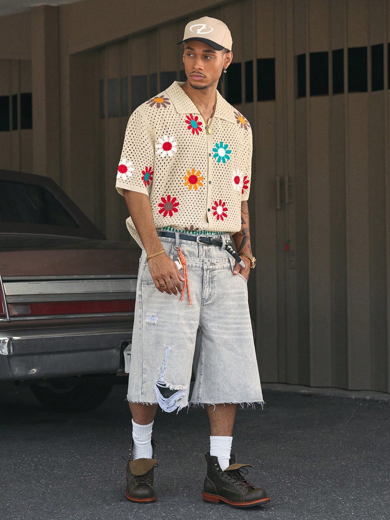 AXEPEAK Colorful Floral Collar Open Cardigan for Men, Streetwear Style