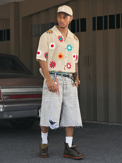 AXEPEAK Colorful Floral Collar Open Cardigan for Men, Streetwear Style