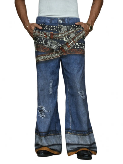 AXEPEAK Casual Streetwear Digital Print Denim Effect Straight Leg Pants for Men, School