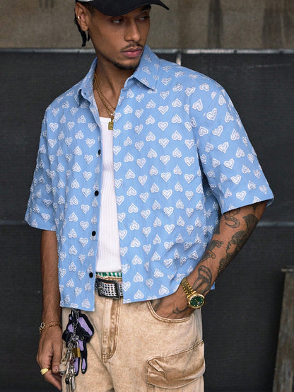 AXEPEAK Summer Heart Graphic Short Sleeve Hawaiian Casual Vacation Beach Shirt for Men