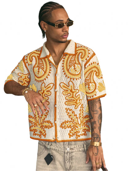 AXEPEAK Loose Fit Men'S Short Sleeve Knit Top with Collar and Cashew Flower Pattern