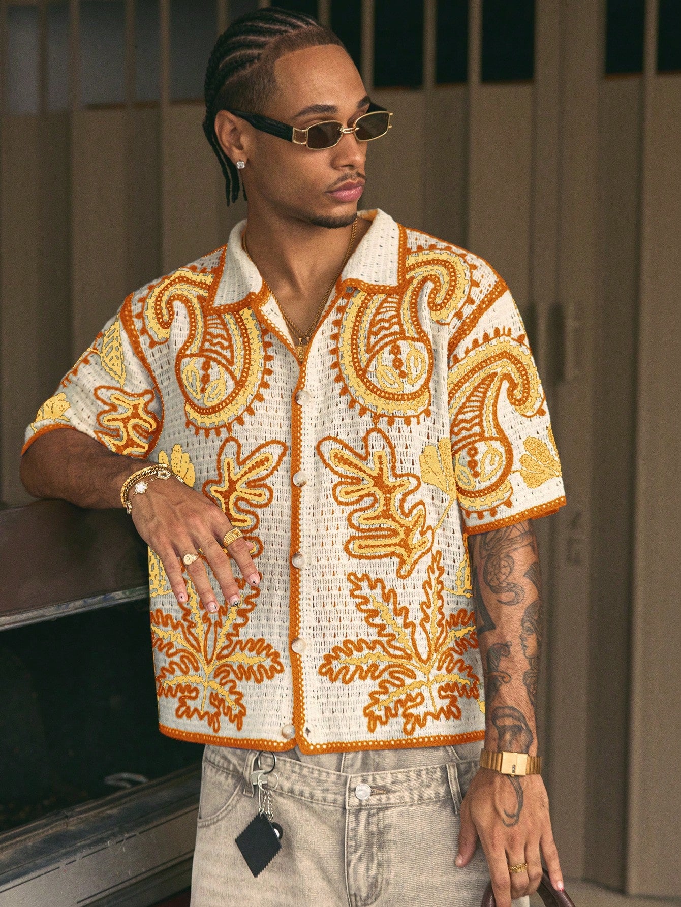 AXEPEAK Loose Fit Men'S Short Sleeve Knit Top with Collar and Cashew Flower Pattern