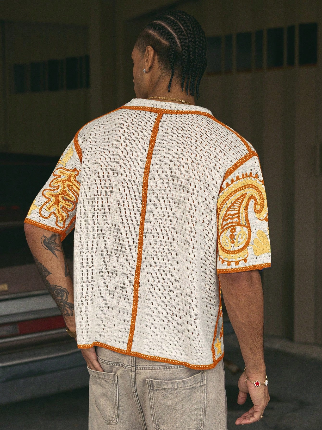 AXEPEAK Loose Fit Men'S Short Sleeve Knit Top with Collar and Cashew Flower Pattern