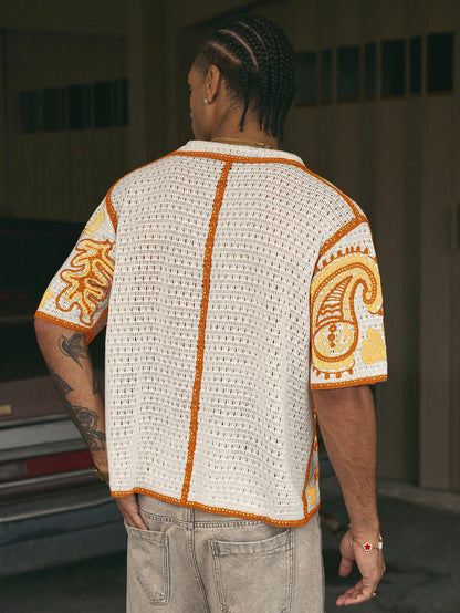 AXEPEAK Loose Fit Men'S Short Sleeve Knit Top with Collar and Cashew Flower Pattern