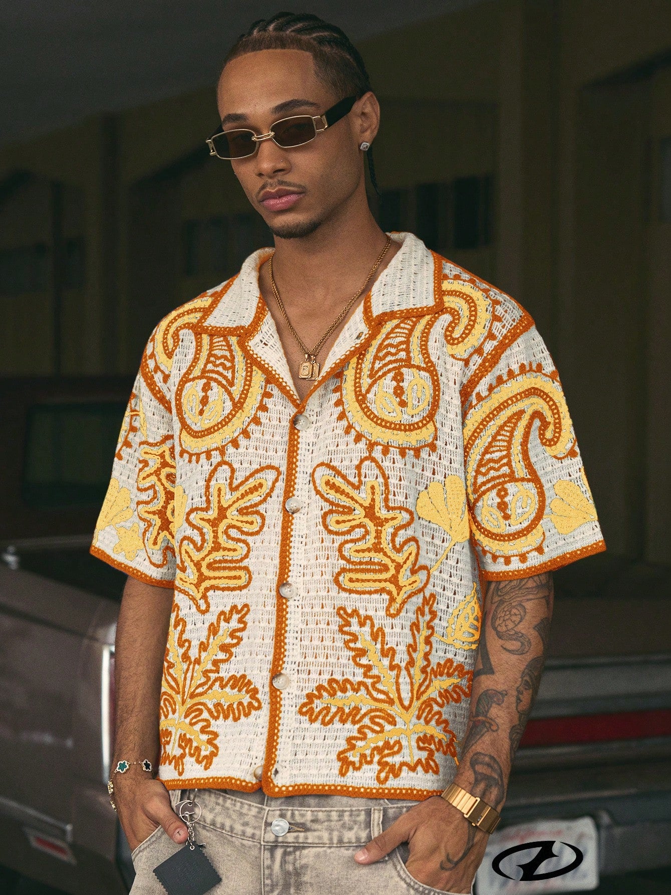AXEPEAK Loose Fit Men'S Short Sleeve Knit Top with Collar and Cashew Flower Pattern