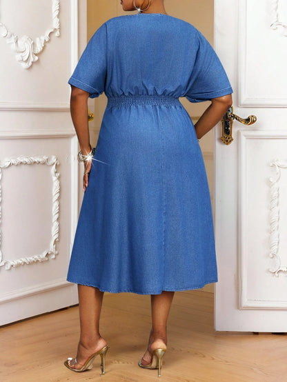 Lady Women plus Size Fashion Casual Notched Collar Drawstring Waist A-Line Denim Dress Summer Dresses for Women plus Size Denim Dress Blue plus Size Dress Blue Dress plus Size Jean Dress plus Size Denim Dress plus Size Summer Outfits for Women Summer Dress Dresses for Women Summer Wedding Guest Dress Women Business Casual Woman Teacher Outfits for Women