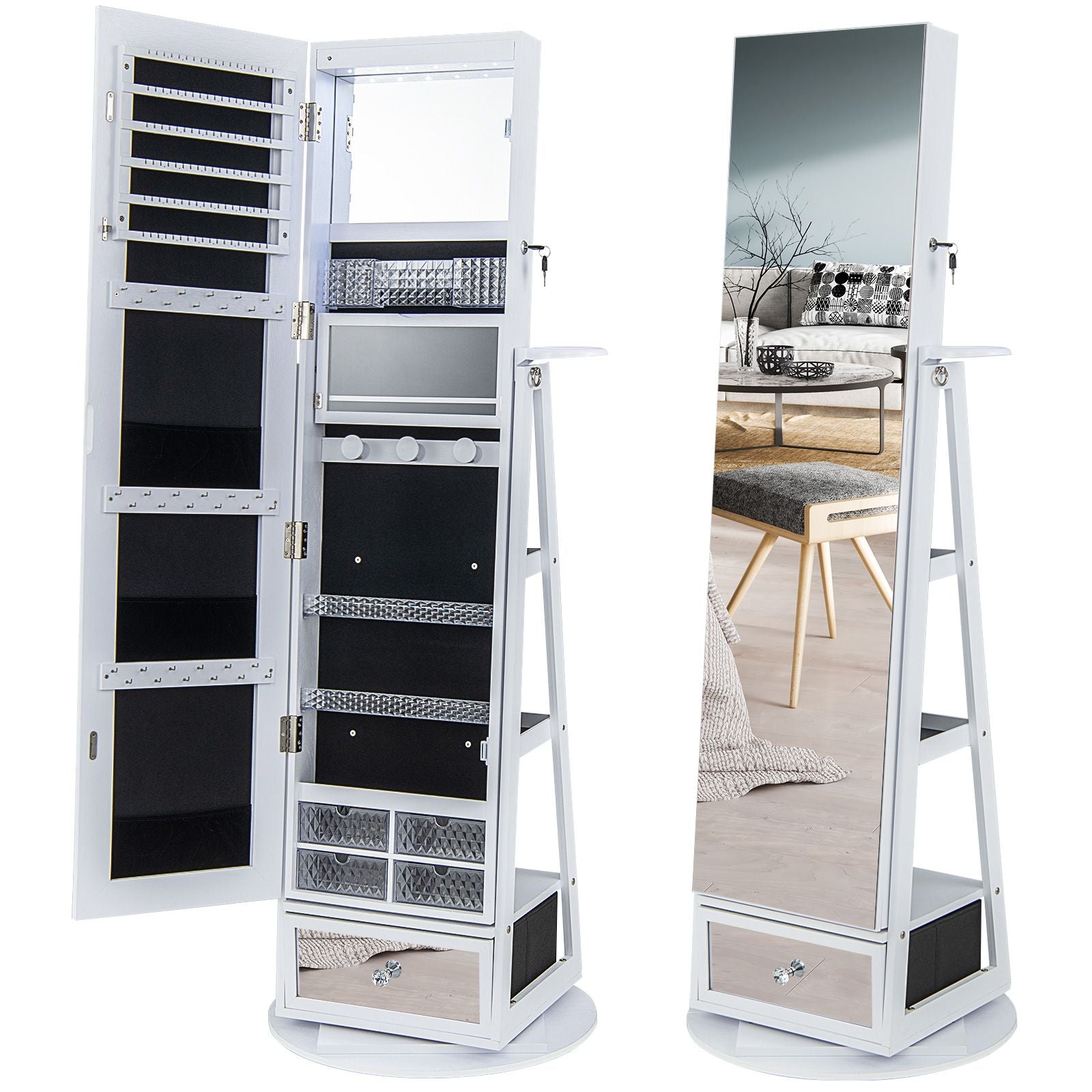 Lockable 360-Degree Rotating Jewelry Armoire with Full-Length Mirror