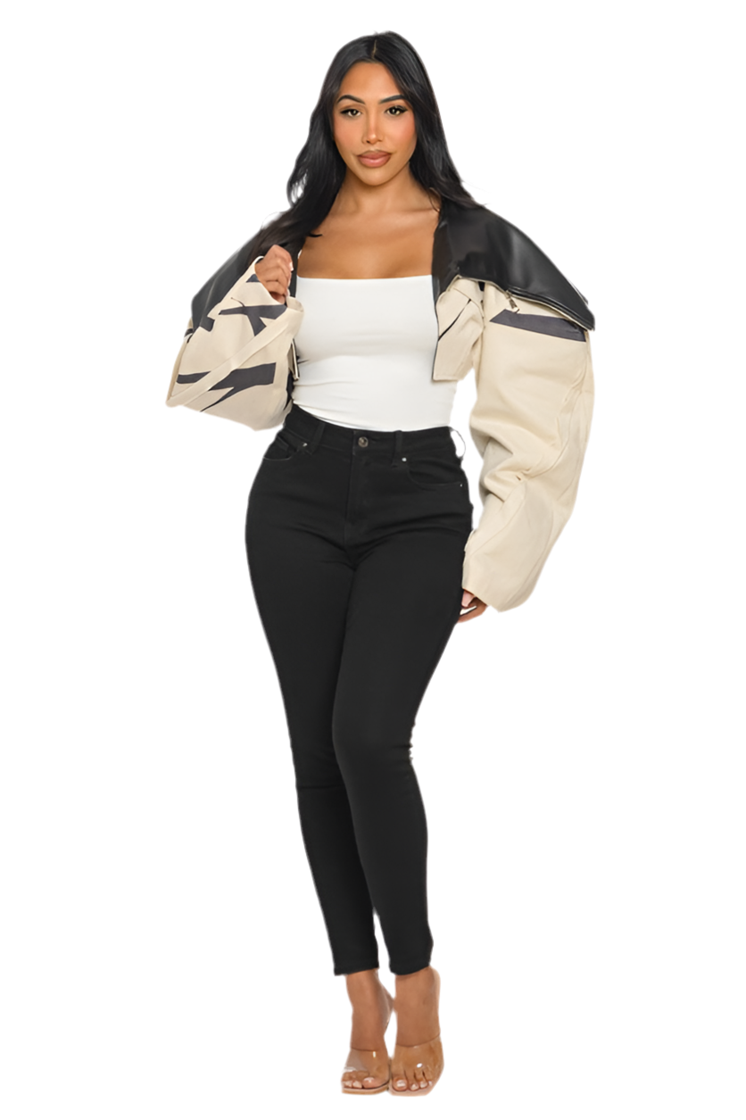 Two-Tone Puff Sleeve Bomber Jacket