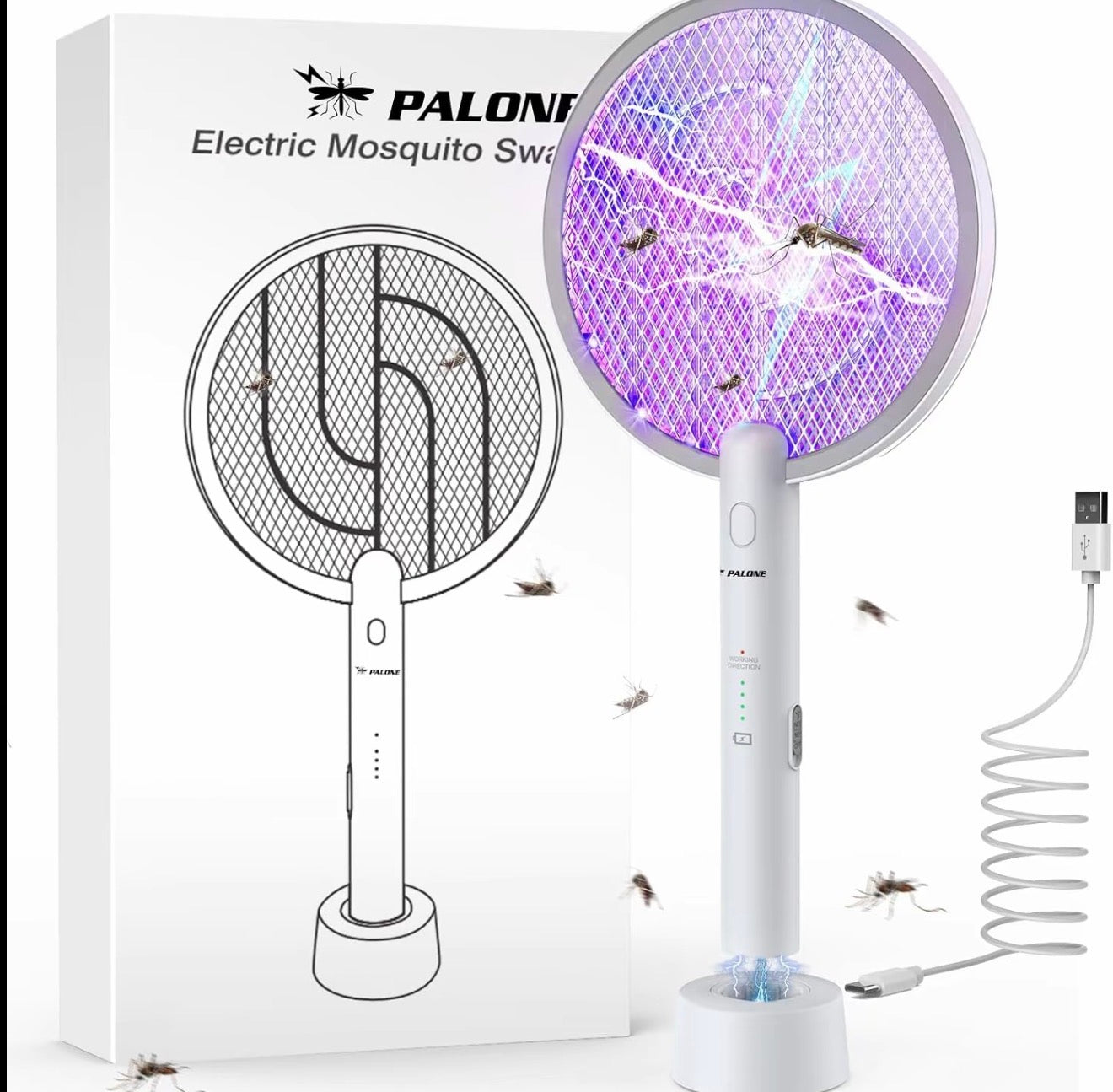 2 in 1 Electric Mosquito Swatter & Bug Zapper | USB Rechargeable 3000V Fly Killer with Strong Light & Safety Protection Net, Child & Pet Friendly for Home, Garden, Camping