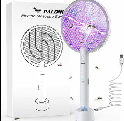2 in 1 Electric Mosquito Swatter & Bug Zapper | USB Rechargeable 3000V Fly Killer with Strong Light & Safety Protection Net, Child & Pet Friendly for Home, Garden, Camping