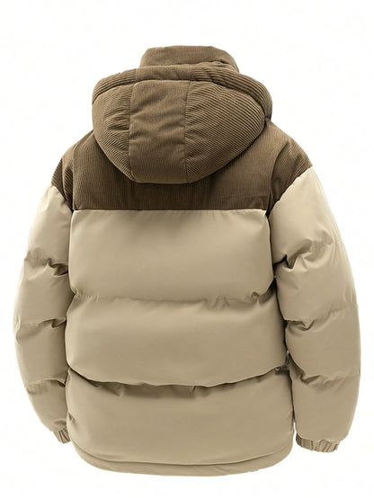 Men'S Autumn/Winter Contrast Color Thickened Warm Hooded Padded Coat
