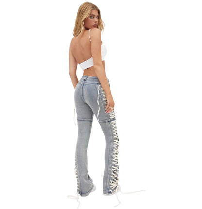Jaw Dropper Stretch Lace Up Bootcut Jeans Medium Wash