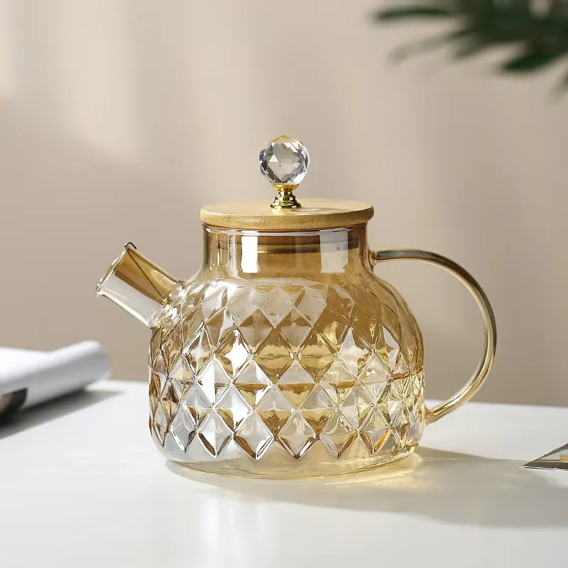 Glass Tea Kettle with Bamboo Lid and Removable Filter Spout Champagne Teapot for Loose Leaf Blooming Tea and Fruit Tea 1/1.8L