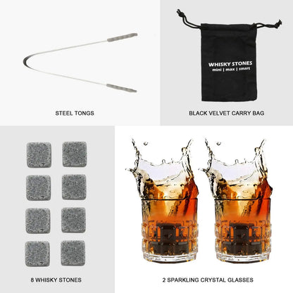 Whisky Stones Glasses Gift Set,Velvet Bag for Drinking Scottish Whiskey or Gin, Wooden Box Present for Christmas/Birthday