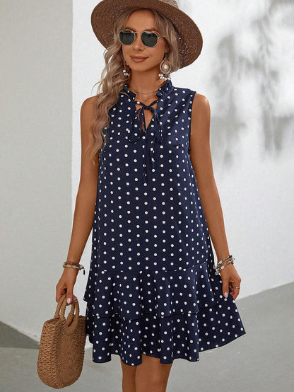 Emery Rose Polka Dot Tie Neck Ruffle Hem Smock Dress