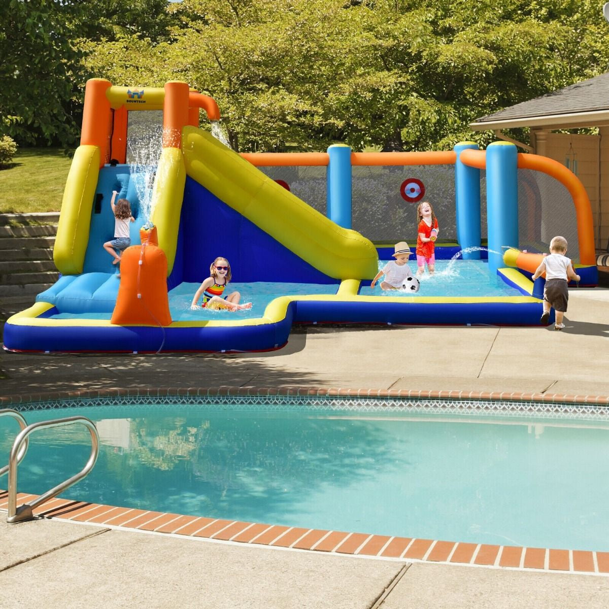 Inflatable Water Bounce House Featuring Slide and Water Cannons