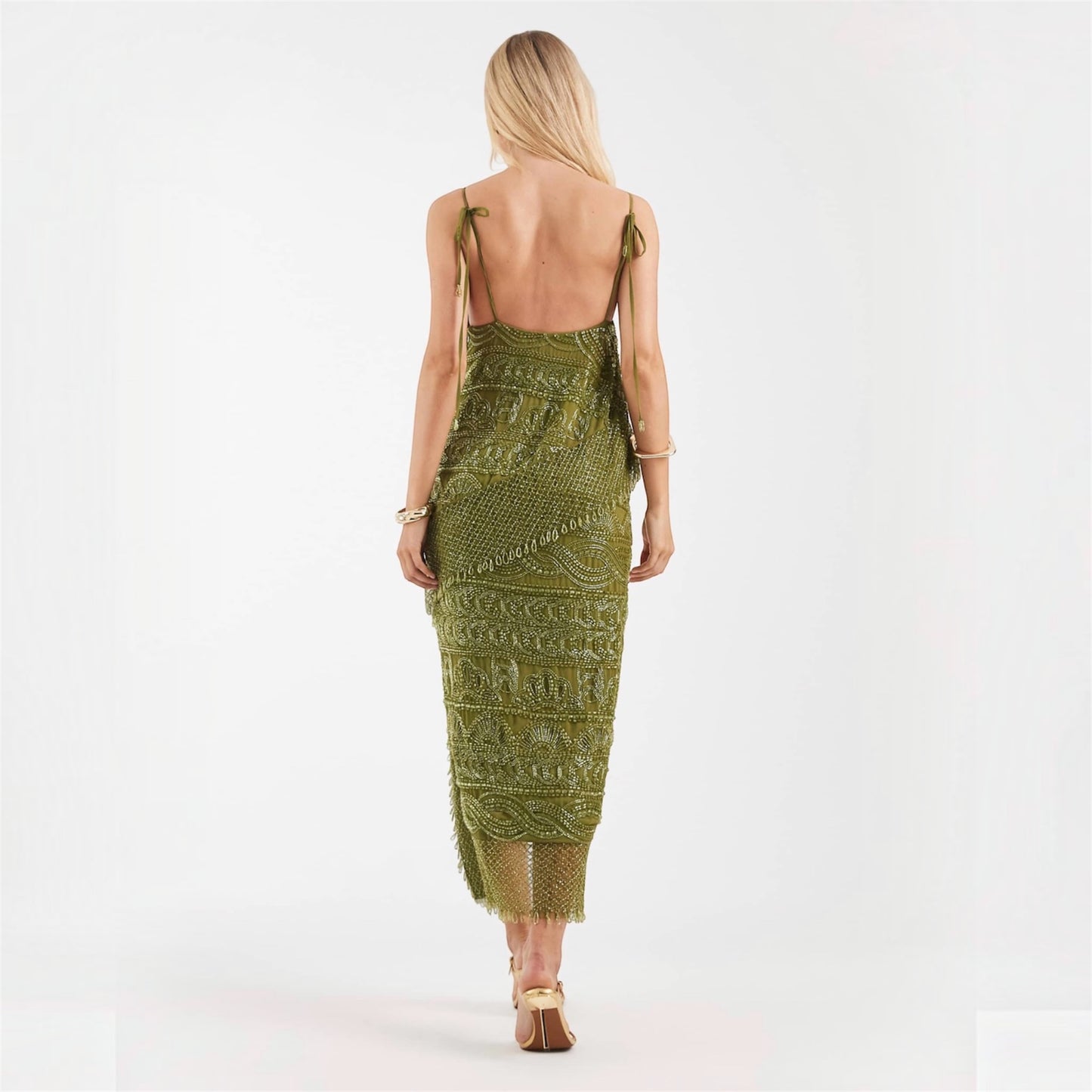 Olive Green Beaded Midi Dress with Asymmetric Hem