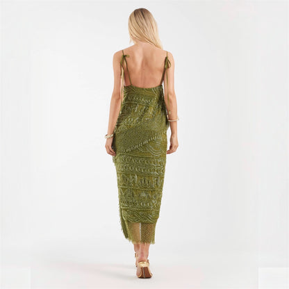Olive Green Beaded Midi Dress with Asymmetric Hem