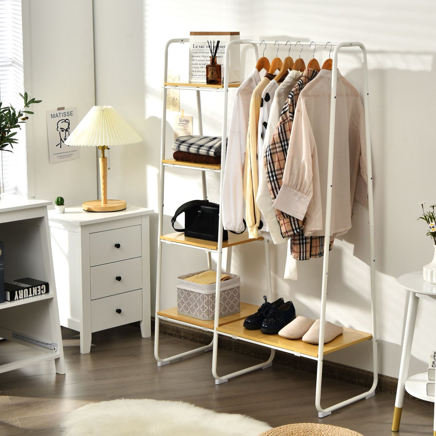 Free-Standing Clothing Rack with Five-Tier Wooden Shelves