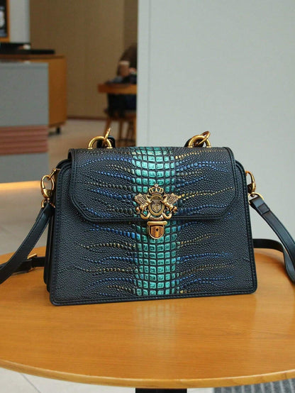 Luxury Custom 2025 New Vintage Women'S Handbag, Fashion Elaborate Luxurious Blue & Gold Snake Print Lock Ornament Tote Bag, Mature Style Shoulder & Crossbody Bag, Detachable Handle