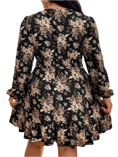 Plus Size Floral Print Lantern Sleeve Dress with Ruffled Hem by LUNE