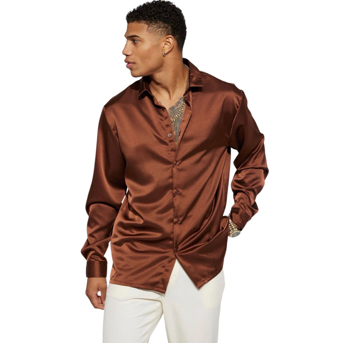 Links Satin Long Sleeve Button Up Shirt Chocolate