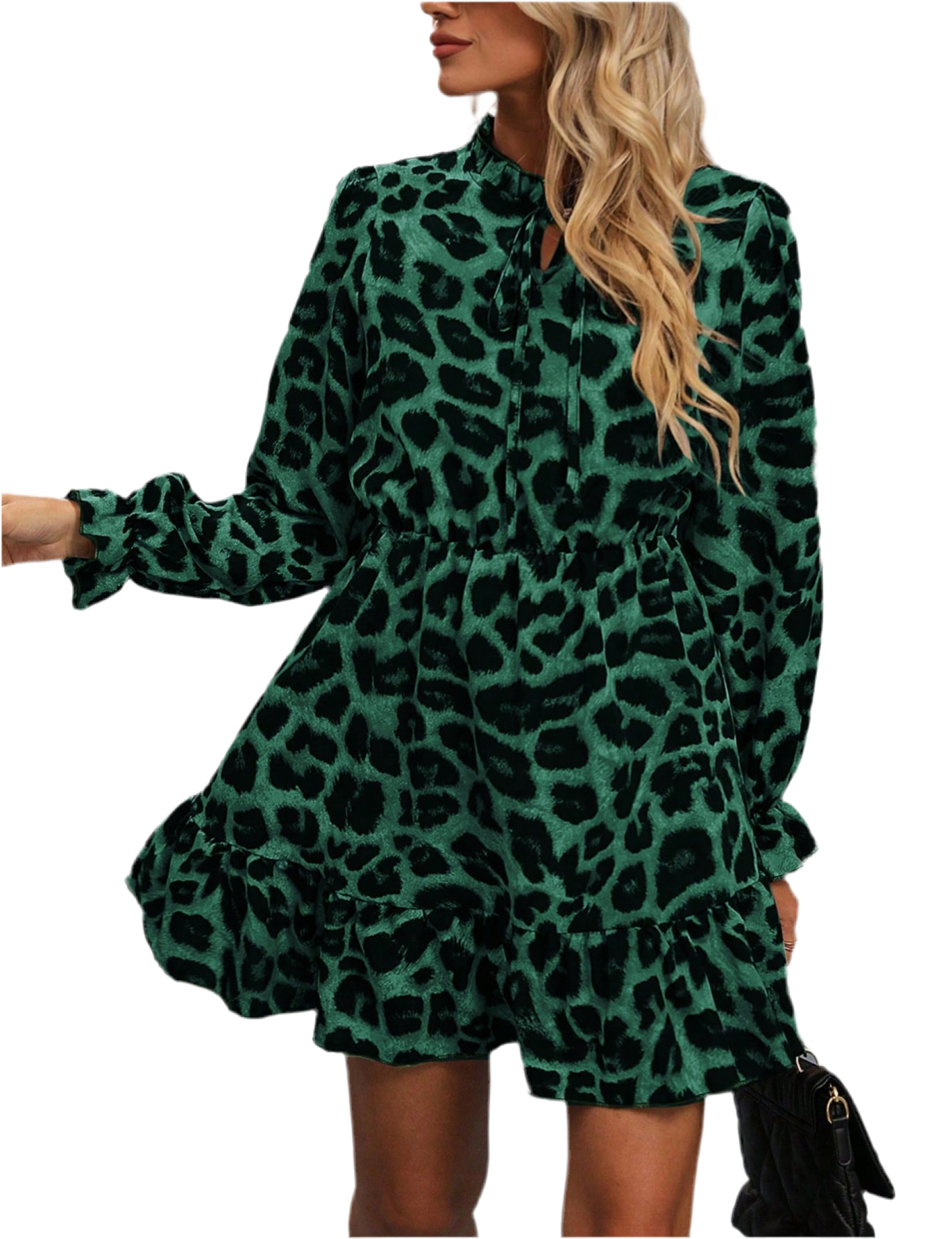 Chic Plus Size Autumn Leopard Print Dress with Stand Collar and Cinched Waist