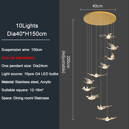 Luxury Led Chandelier for Staircase Modern Home Decor Hanging Lamp Creative Bird Design Lighting Acrylic Living Room Lustre