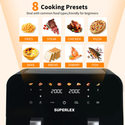 9L Dual Air Fryer 2400W Digital Cooker Oven 8-In-1 Healthy Frying Double Basket