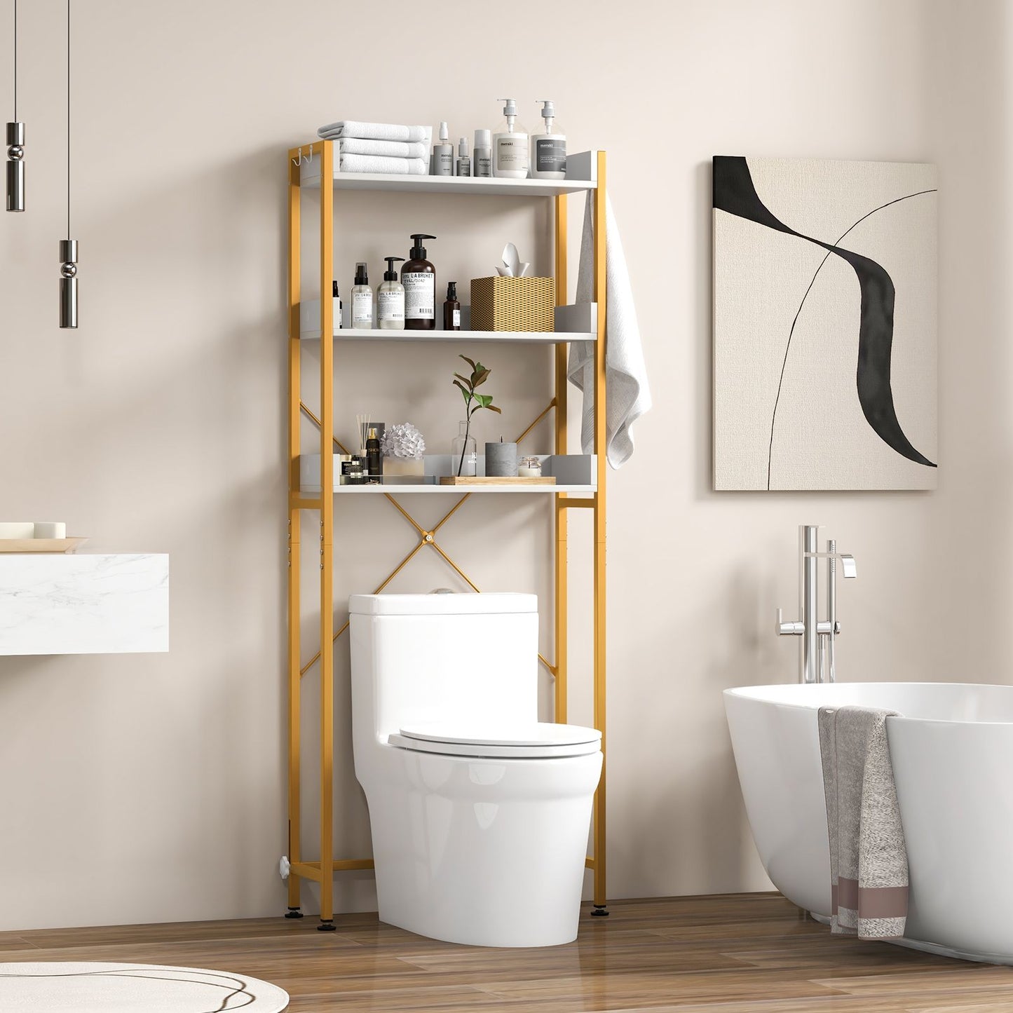 Three-Tier Over-the-Toilet Storage Rack with Four Hooks and Adjustable Base Bar