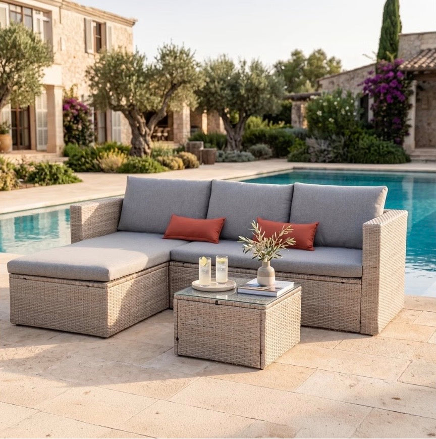 EVRE Malibu Rattan Garden Furniture Set with 3 Seater Sofa & Coffee Table