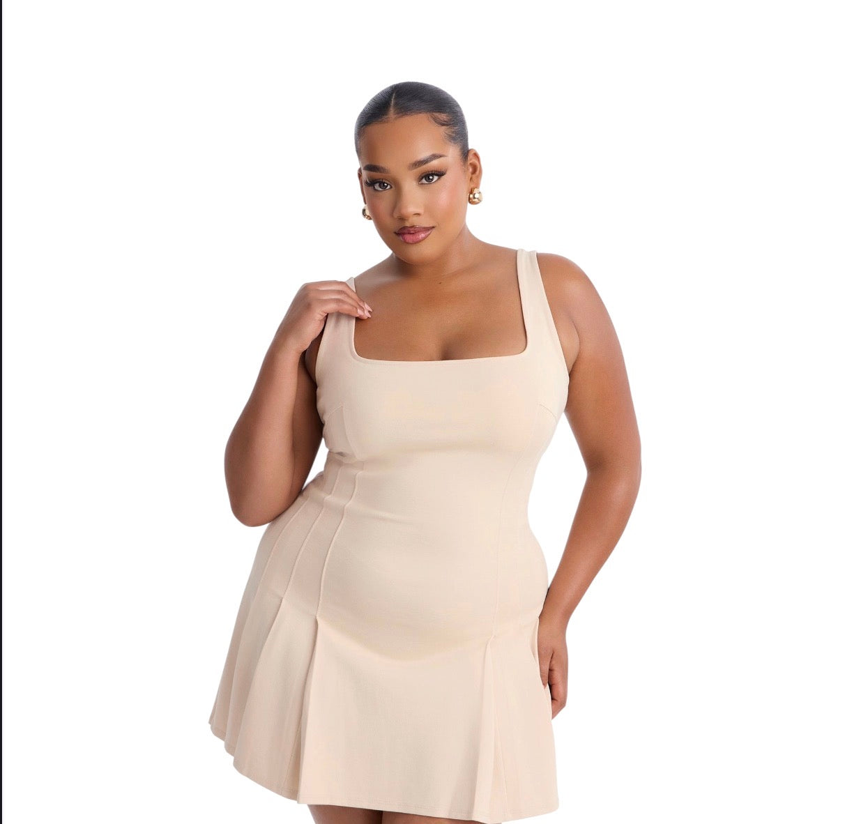 Rue Pleated Drop Waist Mini Dress Cream