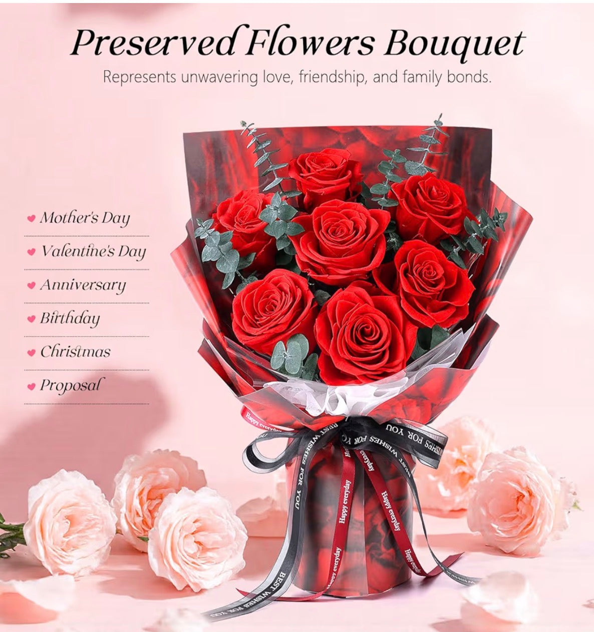 7 Roses Bouquet with Vase, Forever Bouquet Flowers, Eternal Preserved Real Rose, Gifts for Woman Wife Girlfriend, Gifts for her on Birthday, Anniversary, Valentine's Day, Mother's Day, Christmas（Red)