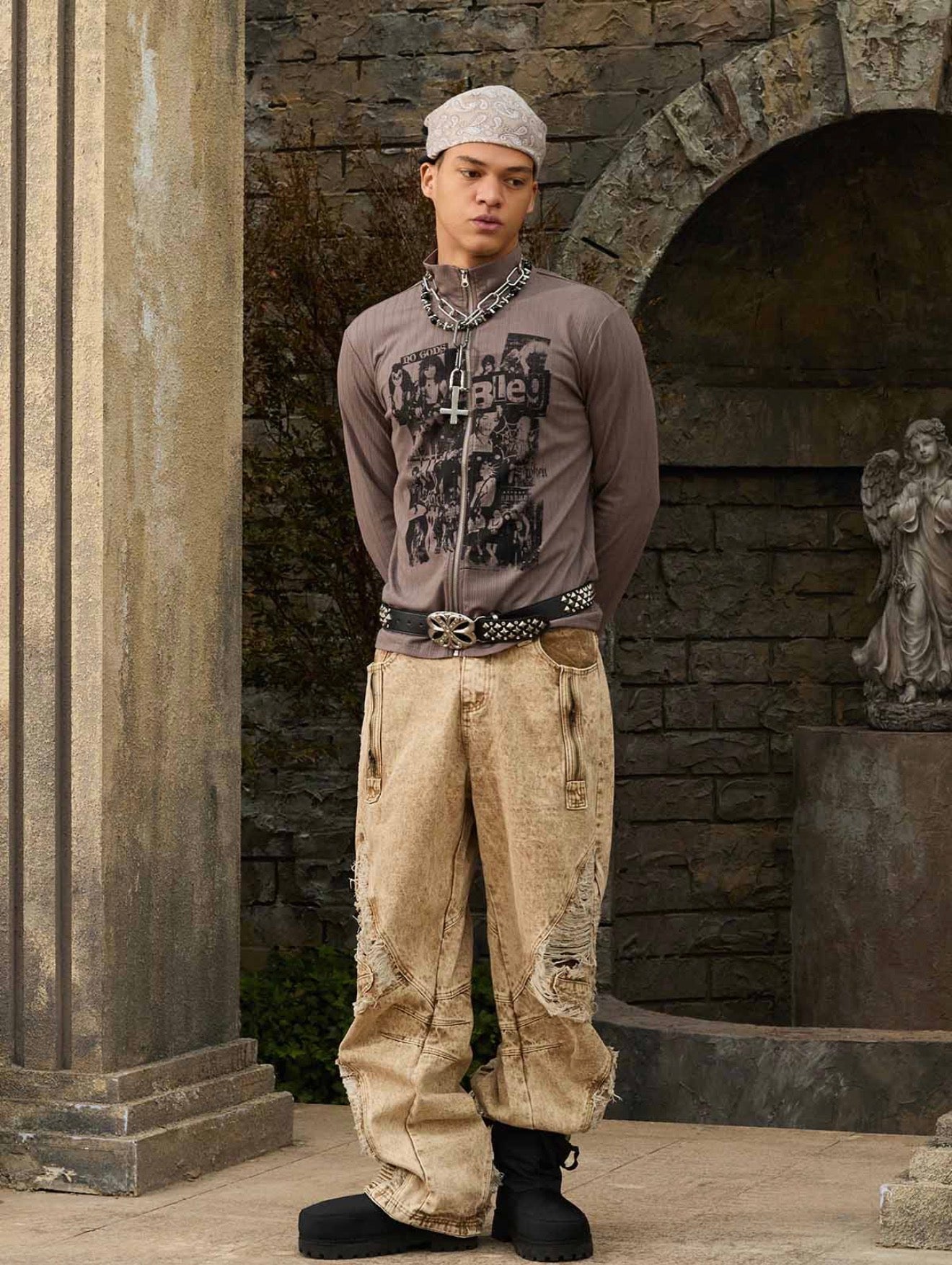 DISTRESSED RAW-EDGE PANEL SCULPTED WIDE-LEG JEANS