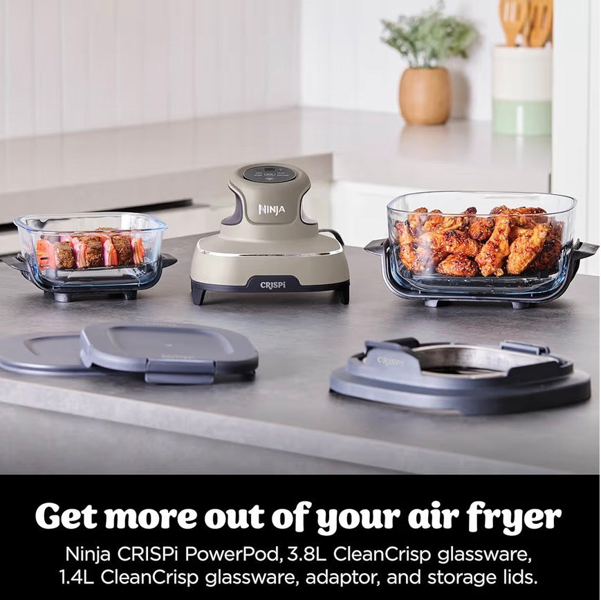 CRISPi Portable Air Fryer, 3.8L, 4-in-1: Air Fry, Roast, Keep Warm, Recrisp, Space Saving Compact Design, 2x Removable Glass Containers & Lids, 1700W, Stone FN101UKST