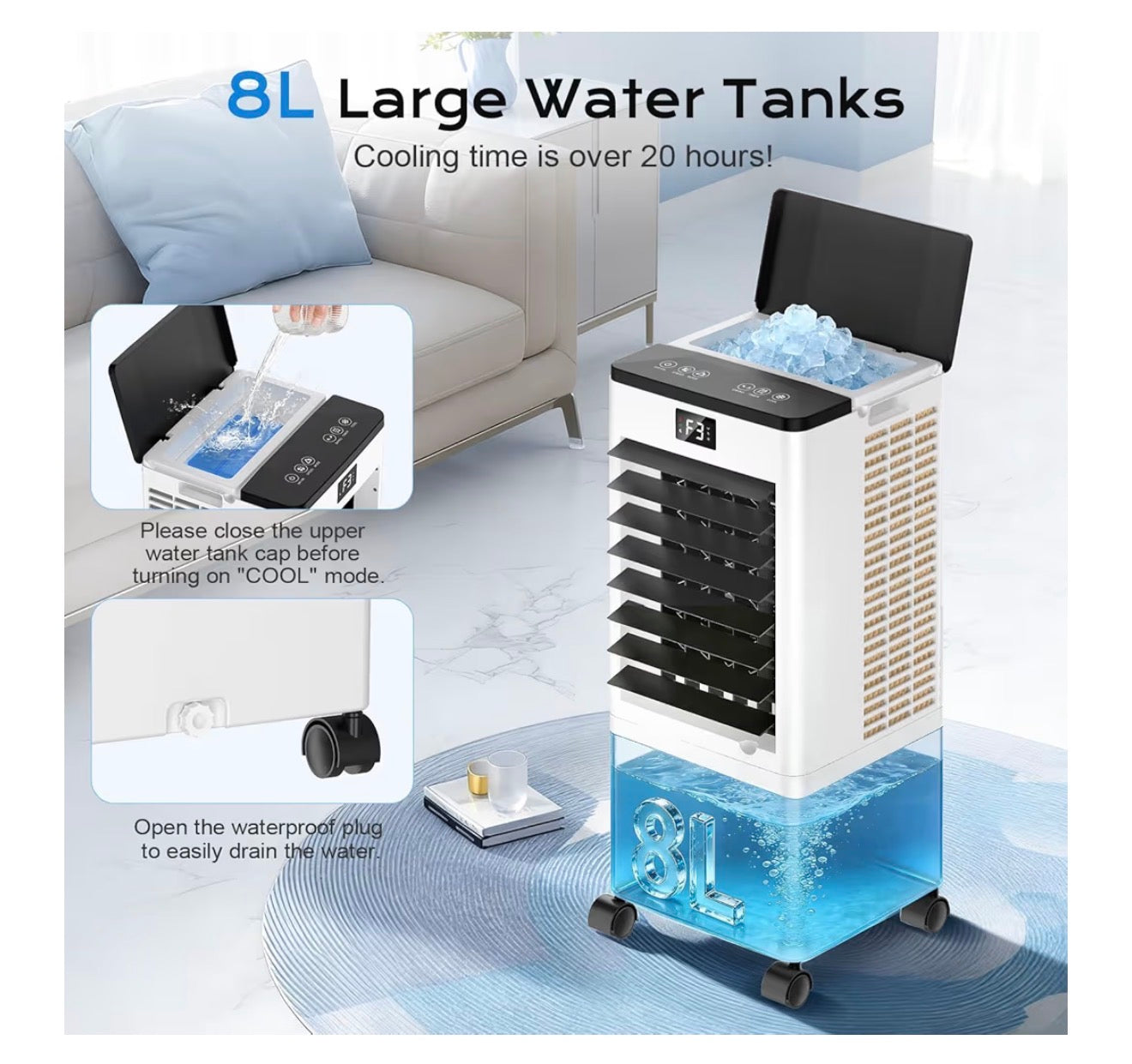 Mobile Air Conditioners, 60W Evaporative Air Cooler, LED Display 10M/S 3 Modes 8L Tank 12H Timer 60°/120° Oscillation Low Noise, Touch/Remote Control 4 Ice Box Air Conditioner Unit for Home Bedroom