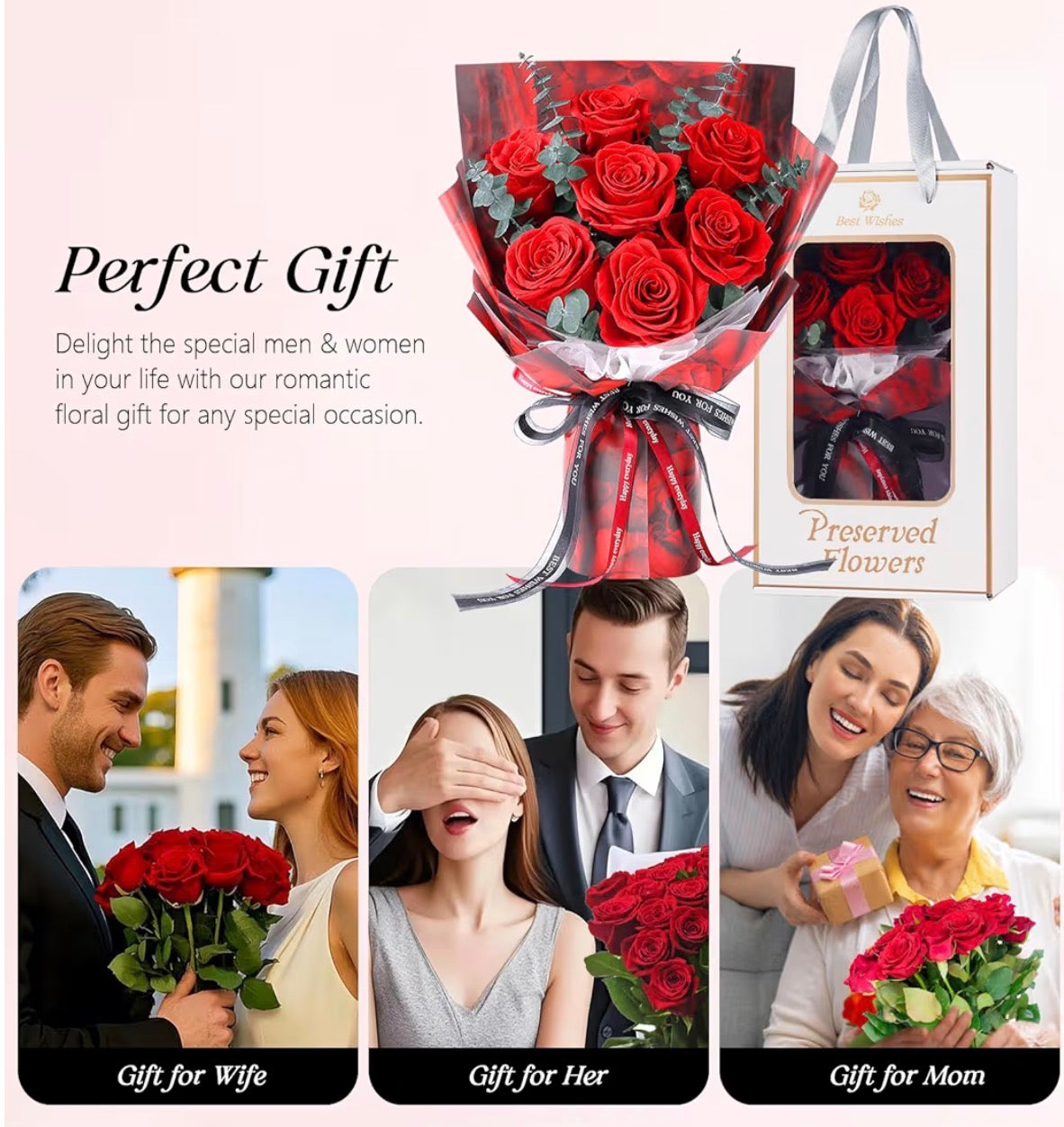 7 Roses Bouquet with Vase, Forever Bouquet Flowers, Eternal Preserved Real Rose, Gifts for Woman Wife Girlfriend, Gifts for her on Birthday, Anniversary, Valentine's Day, Mother's Day, Christmas（Red)