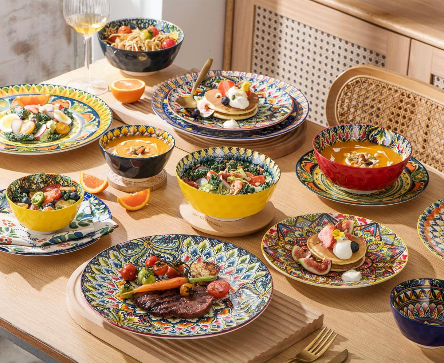 Cereal Bowls, Bowls Set of 6-25 OZ, Porcelain Bowl for Cereal/Soup/Noodles/Poke/Pho/Fruit, Boho Dishes - Vibrant Colours Soup Plates