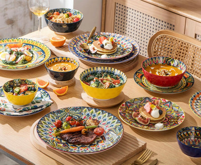 Cereal Bowls, Bowls Set of 6-25 OZ, Porcelain Bowl for Cereal/Soup/Noodles/Poke/Pho/Fruit, Boho Dishes - Vibrant Colours Soup Plates