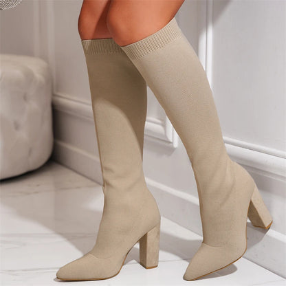 Green Women’s Cozy Knitted Knee-High Boots with Stretch Fabric and Square Heels for Autumn and Winter