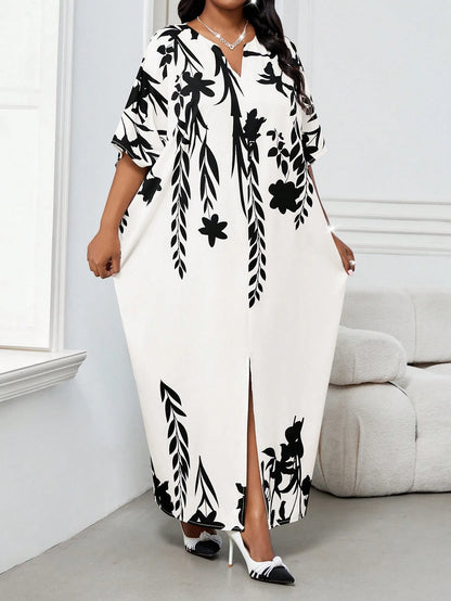 Elegant Plus Size Black and White Woven Flounce Collar Ball Gown with Belted Long Sleeves for Autumn and Winter Work Office, Vacation, and Summer Outfits