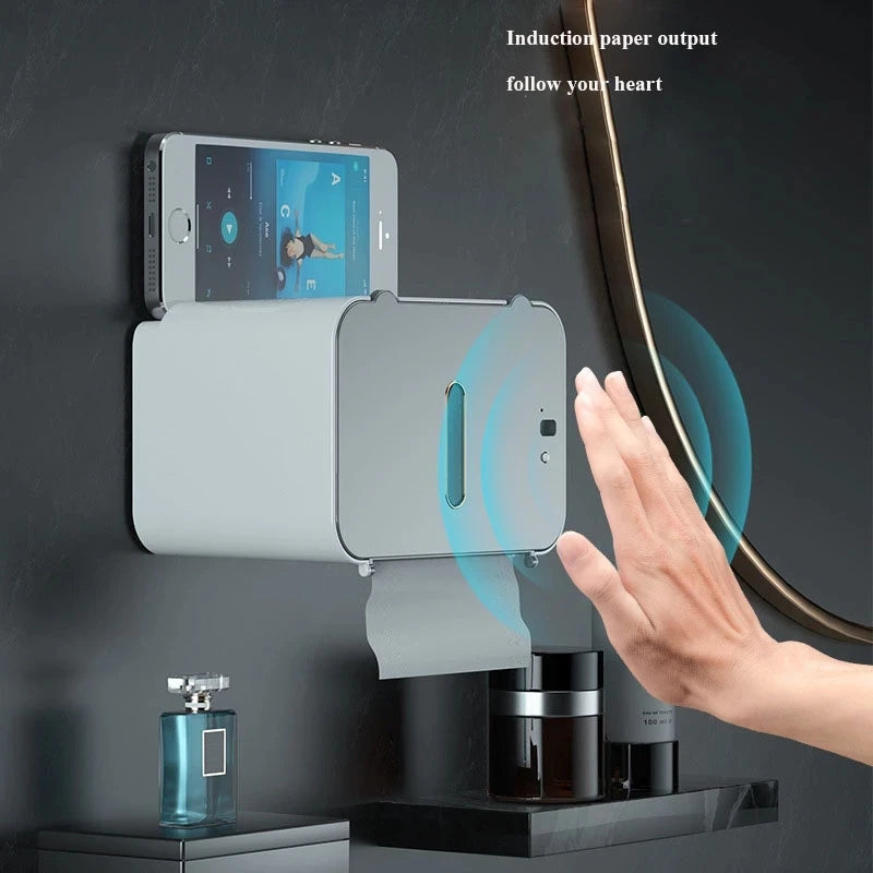 Innovative Wall-Mounted Induction Toilet Paper Holder with Integrated Shelf - Automatic Dispenser for Effortless Bathroom Convenience