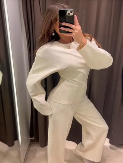 Women'S Two Pieces Set Pant Sets Crop Long Sleeve Sets Elegant Women'S Suits High Waist Wide Leg Trousers Outfit Streetwear