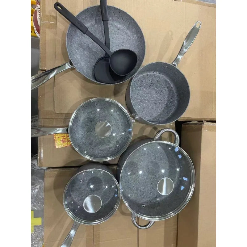 10Pcs Nonstick Cookware Set Nonstick Frying Pans Stainless Steel Handle Grey Granite Cookware Pot Pan Set