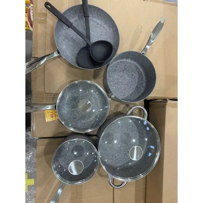 10Pcs Nonstick Cookware Set Nonstick Frying Pans Stainless Steel Handle Grey Granite Cookware Pot Pan Set