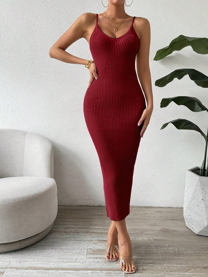 Raffinée Women's Elegant Solid Color Slim Fit Sleeveless Knit Sweater Dress