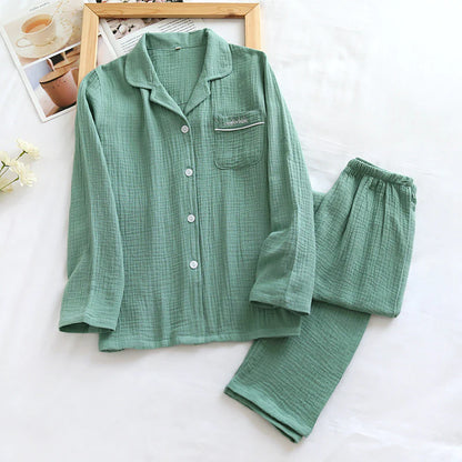 Long Sleeve Pajamas Cotton Double Layer Gauze Clothes Front Button Suit Solid Color