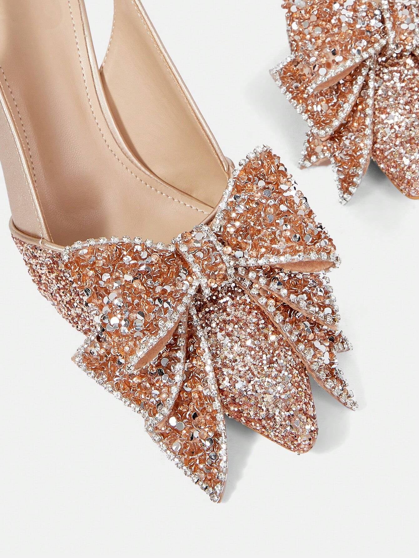 CUCCOO HITCHD Fashionable Elegant Women'S Gold Sequined Bow Pointed Toe Stilettos, Suitable for Wedding, Bridesmaid, Banquet, Date, Party, Christmas, New Year, Valentine'S Day, Comfortable Spring Shoes Spring Break Easter Prom Heels