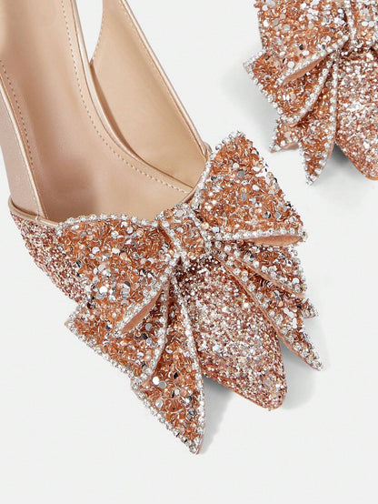 CUCCOO HITCHD Fashionable Elegant Women'S Gold Sequined Bow Pointed Toe Stilettos, Suitable for Wedding, Bridesmaid, Banquet, Date, Party, Christmas, New Year, Valentine'S Day, Comfortable Spring Shoes Spring Break Easter Prom Heels