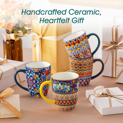 SIMI Mugs Set, 16Oz/480Ml Porcelain Coffee Mug Set of 6, Bohemian Style Tea and Coffee Cups with Handle, Microwave & Dishwasher Safe, Suitable for All Kinds of Drinks